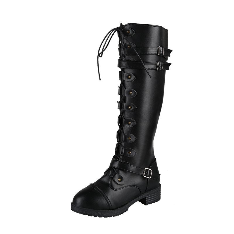 Women knee-high lace-up boots with side zipper, adjustable decorative straps and patterned rubber sole Mune Fashion