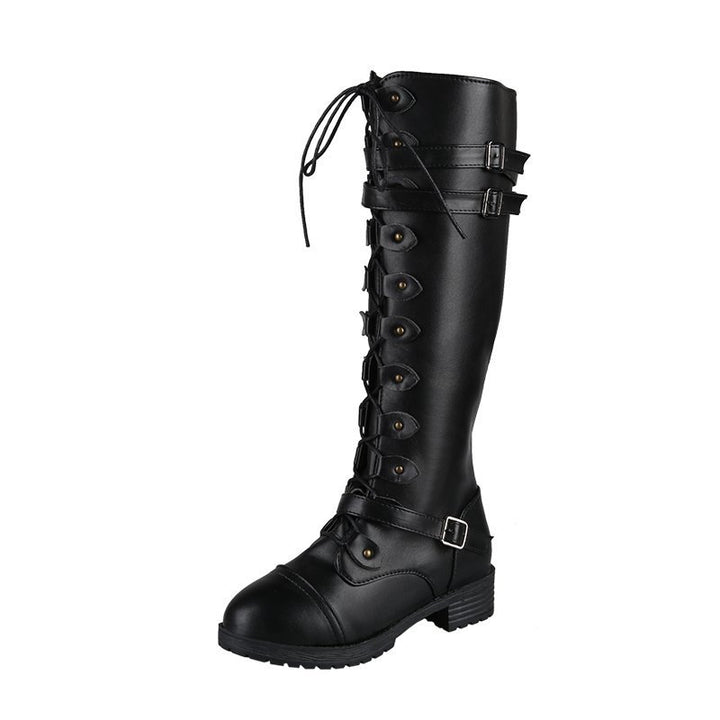 Women knee-high lace-up boots with side zipper, adjustable decorative straps and patterned rubber sole Mune Fashion
