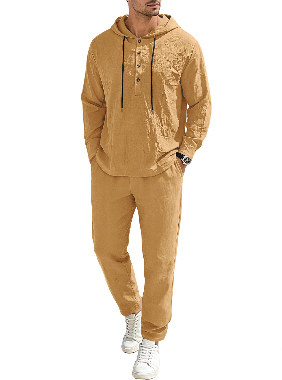 Men's relaxed hoodie Henley leisure suit made of lightweight cotton blend with linen look, featuring drawstring and elastic waistband pants Mune Fashion