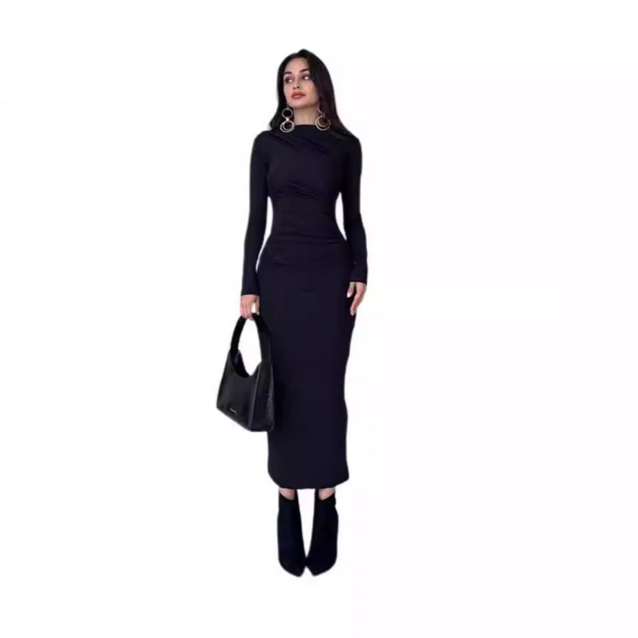 Women's gathered maxi dress with asymmetrical neckline and fitted silhouette Mune Fashion