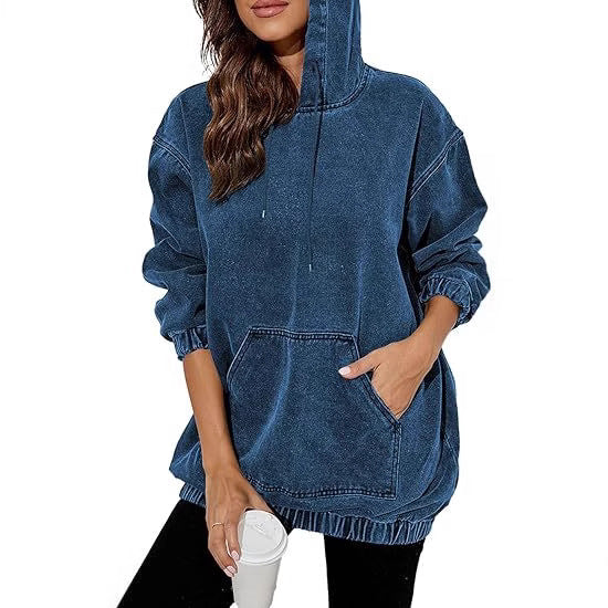 Women's Oversized Hoodie in Denim Look with Kangaroo Pocket Mune Fashion