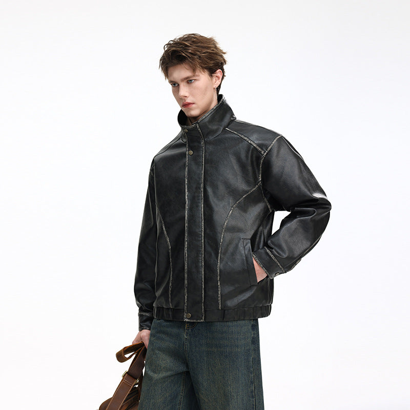 Men's faux leather bomber jacket with stand-up collar and decorative contrast stitching Mune Fashion