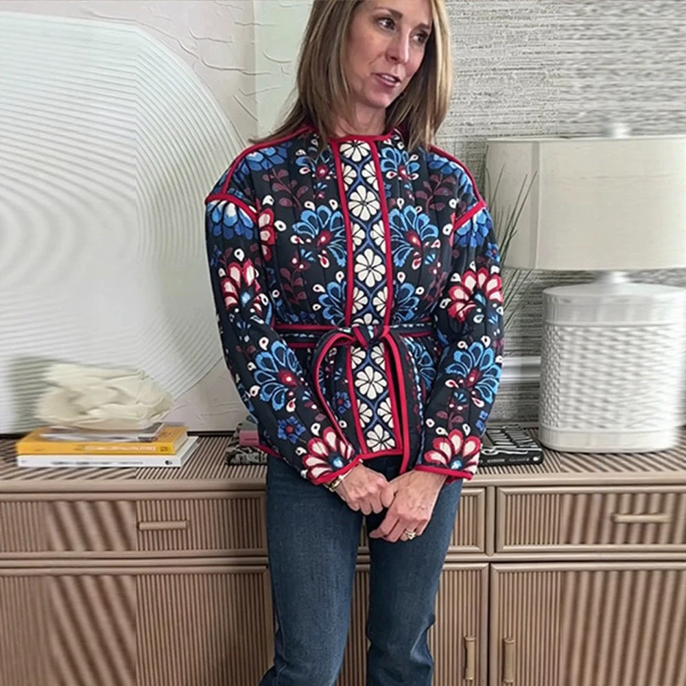 Women's Tailored Quilted Jacquard Cotton Jacket with Folk Floral Pattern & Tie Belt Mune Fashion
