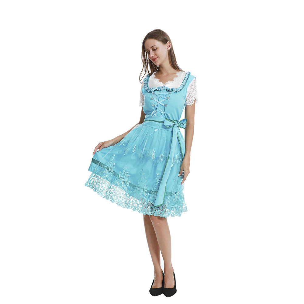 Women's romantic alpine dress with laced bodice, lace insert, and waist belt Mune Fashion