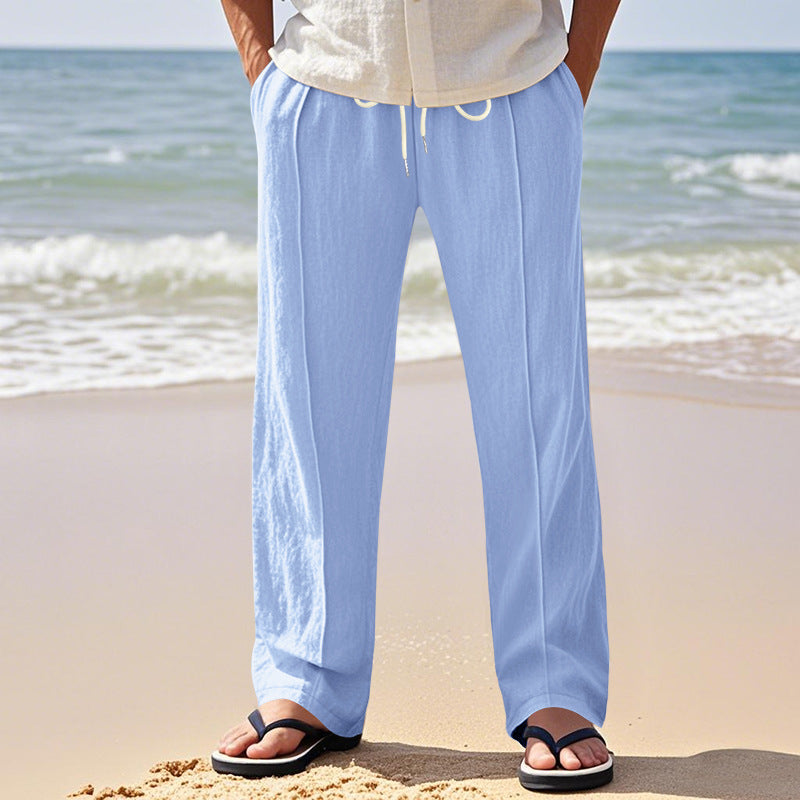 Men's Lightweight Pleated Casual Pants made of Linen Blend with Elastic Drawstring Waistband and Rolled Hem Mune Fashion