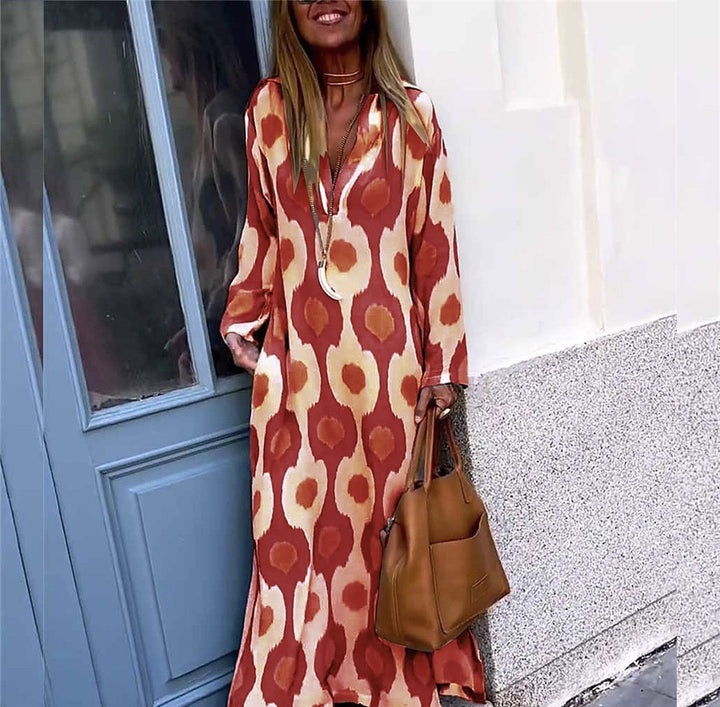 Women's Long Boho Maxi Dress with V-Neck, Loose Fit and Eye-Catching Allover Print Drune