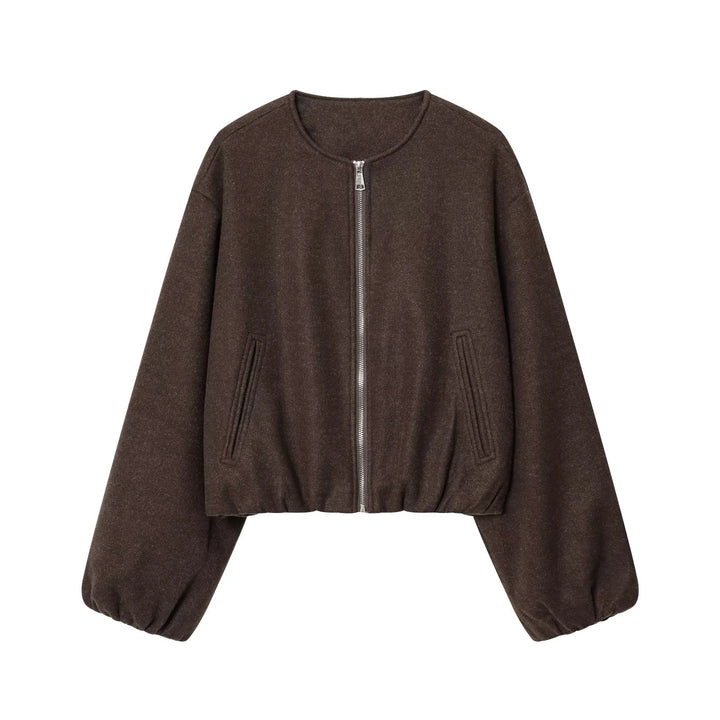 Women nan cast-cut wool bomber jacket with round neckline, continuous zipper, piped side pockets and elastic hem Mune Fashion