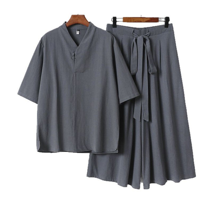 Unisex Two-Piece Kimono Lounge Set with Stand Collar Short Sleeve Top and Loose Tie Waist Pants Mune Fashion