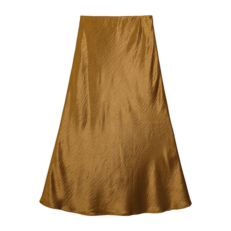 Women's elegant satin midi skirt with A-line and seamless waistband Mune Fashion