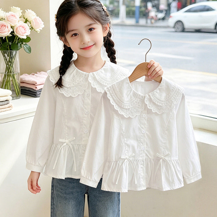Girl's elegant blouse with lace hem and ruffle details Mune Fashion