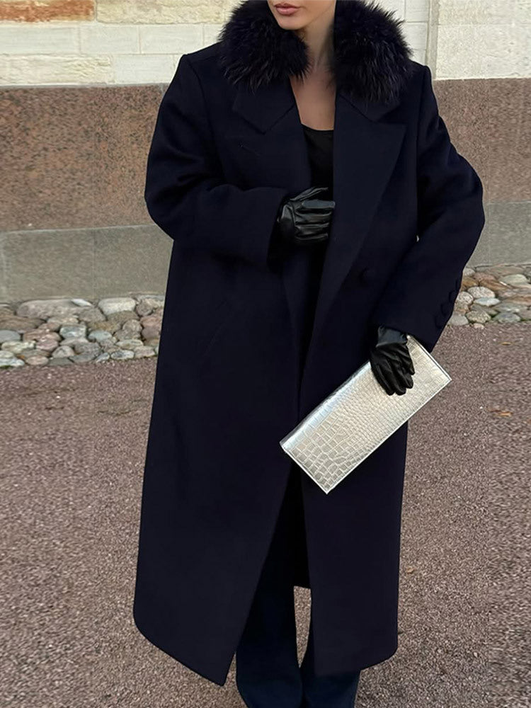 Women's long wool blend coat with generous faux fur shawl collar and oversized cut Mune Fashion