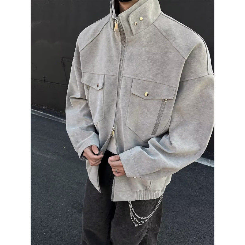 Men's Oversized Suede-Look Utility Jacket with High Stand Collar Mune Fashion