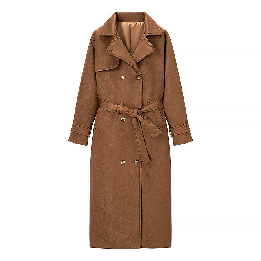 Women Long Double-breasted Coat in Trench Coat Style with Waist Belt and Sleeve Tabs Mune Fashion