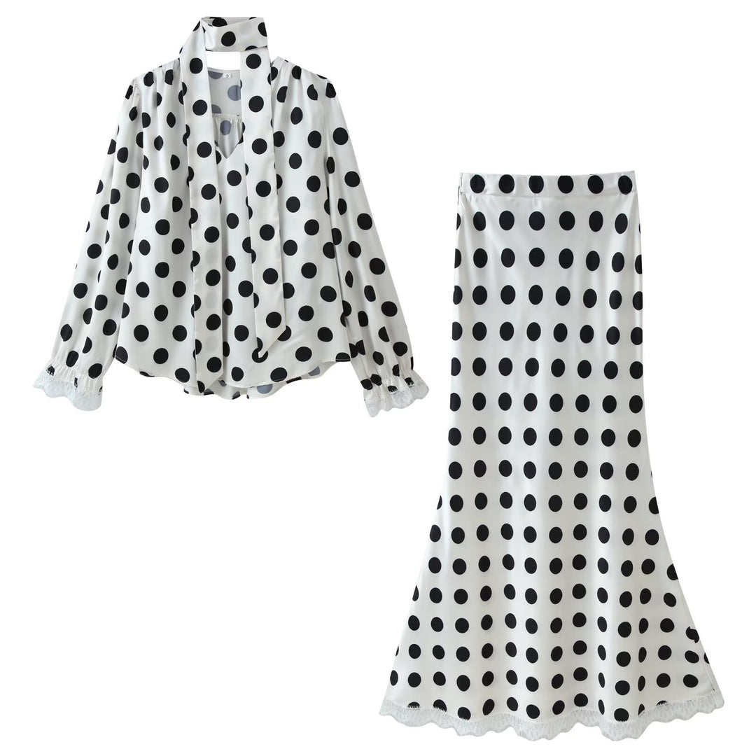 Women Two-Piece Dotted Silk Blouse and Midi Skirt Set with Shawl Collar Mune Fashion