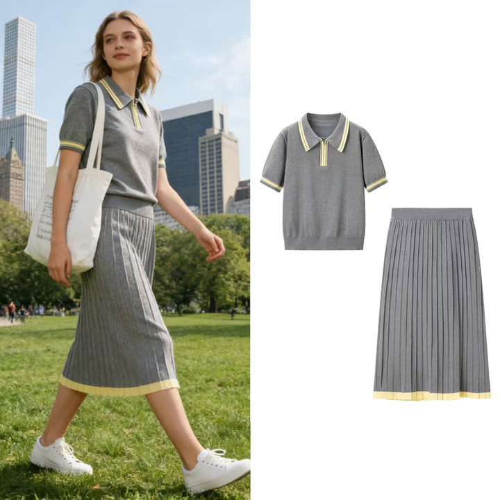 Women's two-piece knitted set with polo shirt and pleated midi skirt Mune Fashion