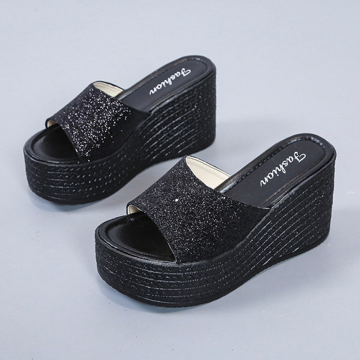 Women's open platform mule with sparkling strap, patterned wedge sole, and cushioned comfort footbed Mune Fashion
