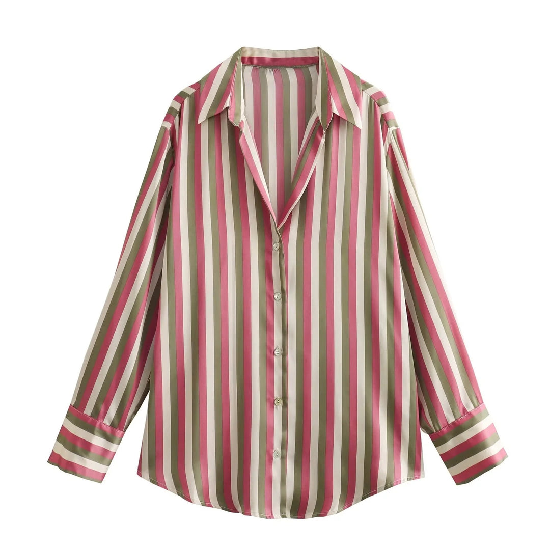 Ladies Oversized Satin Blouse with Shirt Collar and Wide Cuffs Mune Fashion