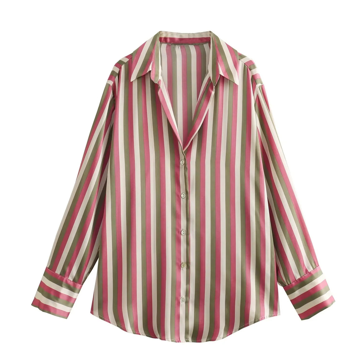 Ladies Oversized Satin Blouse with Shirt Collar and Wide Cuffs Mune Fashion