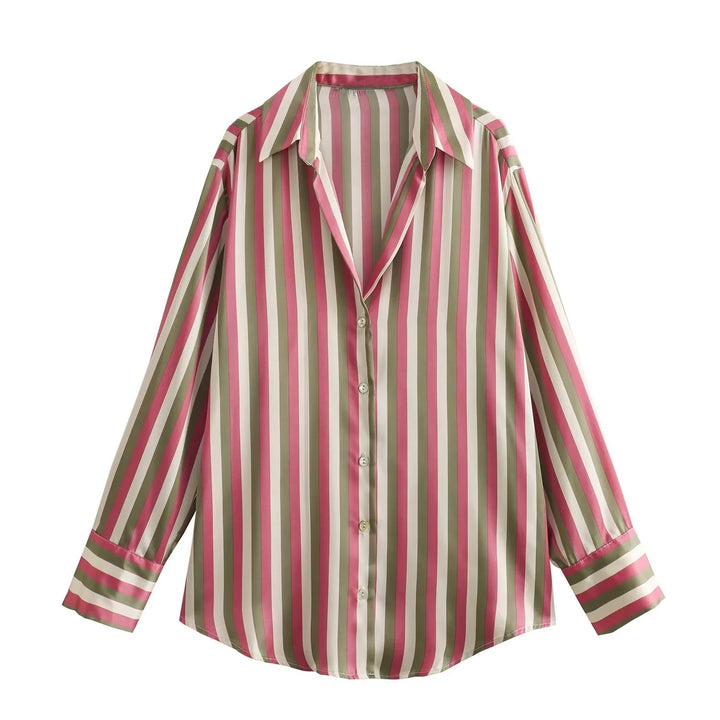 Ladies Oversized Satin Blouse with Shirt Collar and Wide Cuffs Mune Fashion