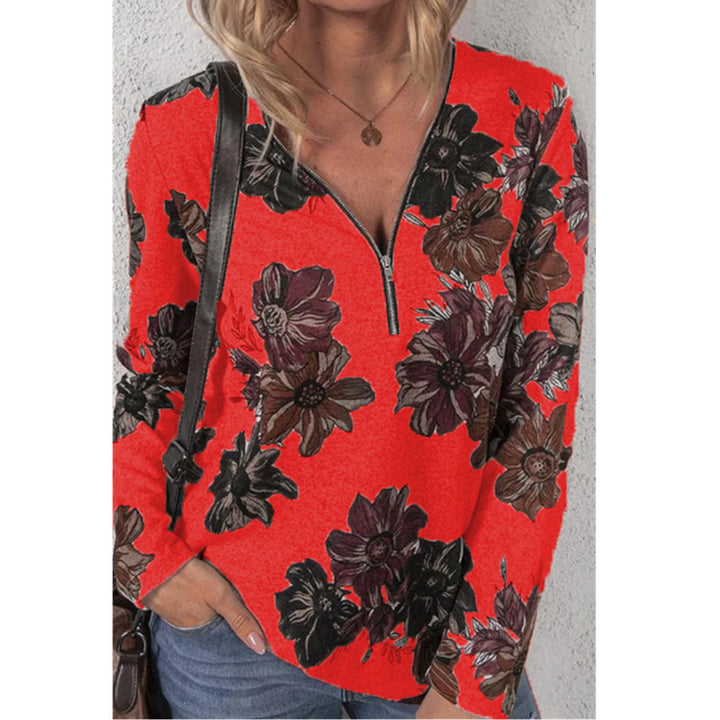 Women's Loose V-Neck Long Sleeve Shirt with Short Zip and Floral Allover Print Mune Fashion