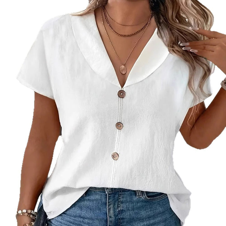 Women's airy linen-look blouse with broad shawl collar and decorative button placket Mune Fashion