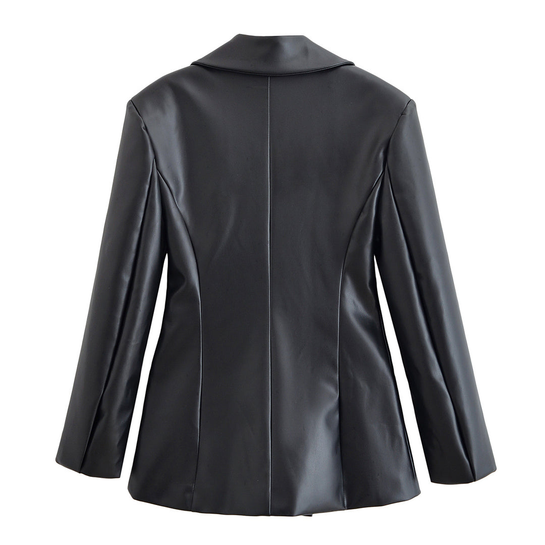 Women's Tailored Longline Faux Leather Blazer with Single Button Closure and Flap Pockets Mune Fashion
