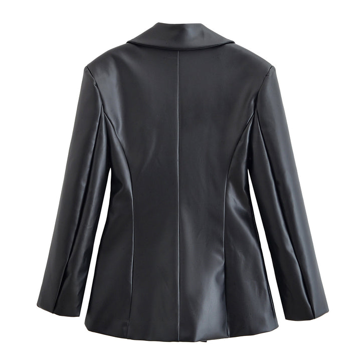Women's Tailored Longline Faux Leather Blazer with Single Button Closure and Flap Pockets Mune Fashion