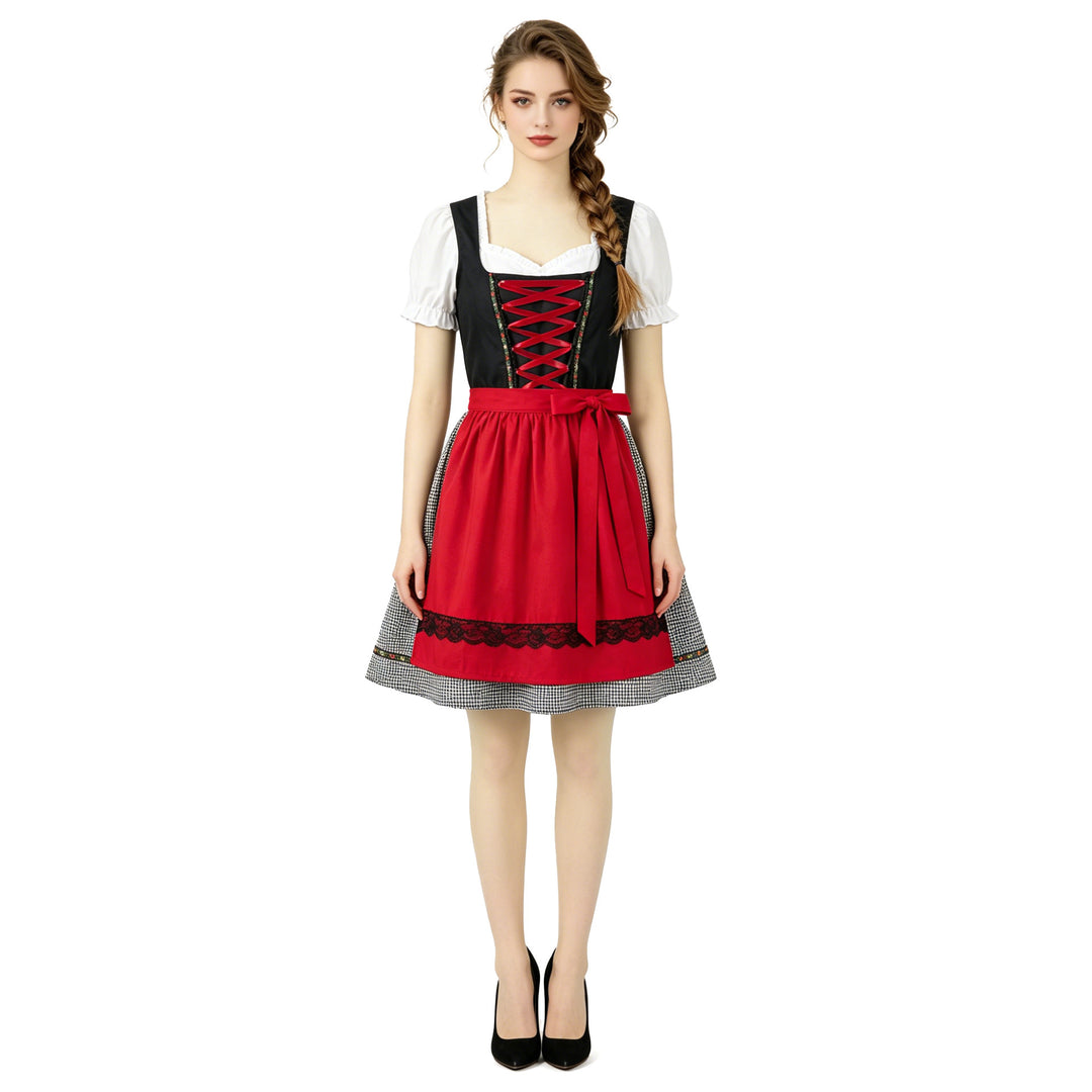 Ladies' traditional dirndl dress with heart neckline, laced bodice, and decorative apron Mune Fashion