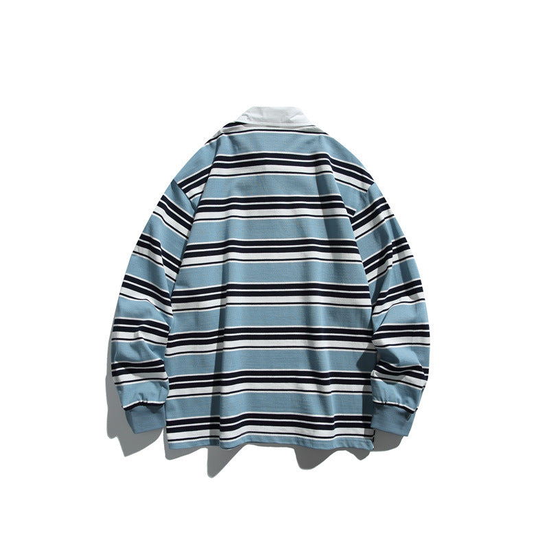 Unisex Striped Rugby Polo in Oversize Cut with Contrasting Shirt Collar Mune Fashion
