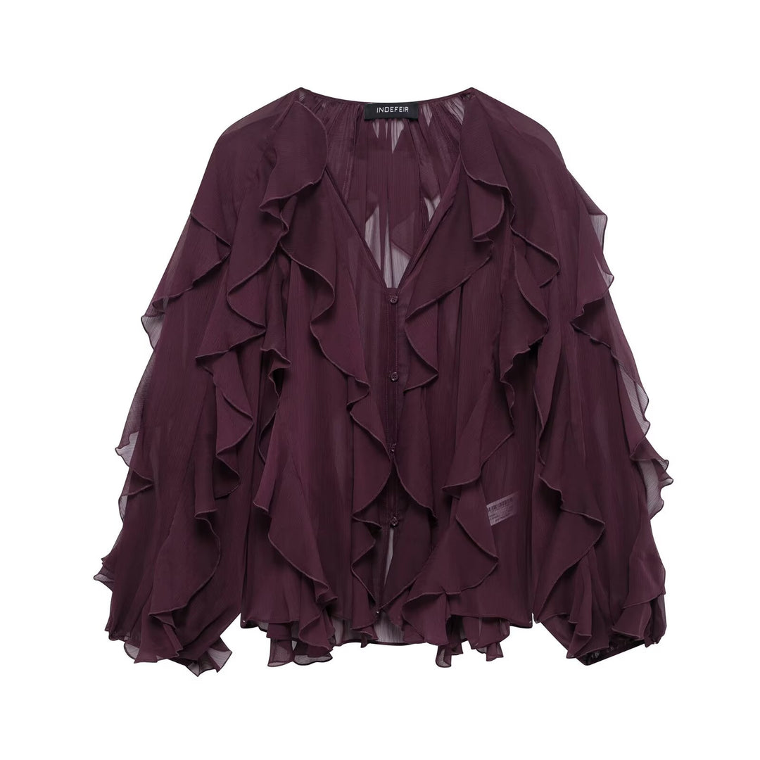 Women's feminine chiffon ruffle blouse with balloon sleeves and V-neck Mune Fashion