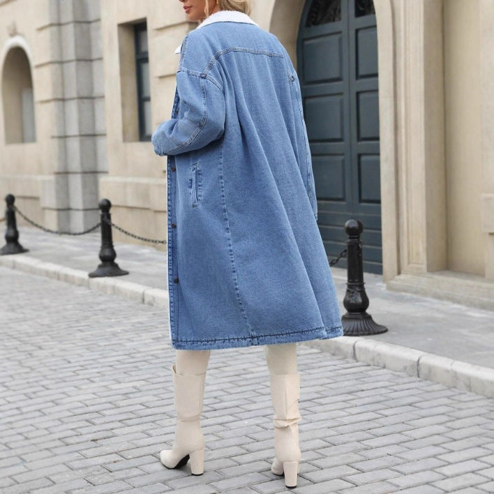 Ladies Longline Denim Coat with Teddy Collar Mune Fashion