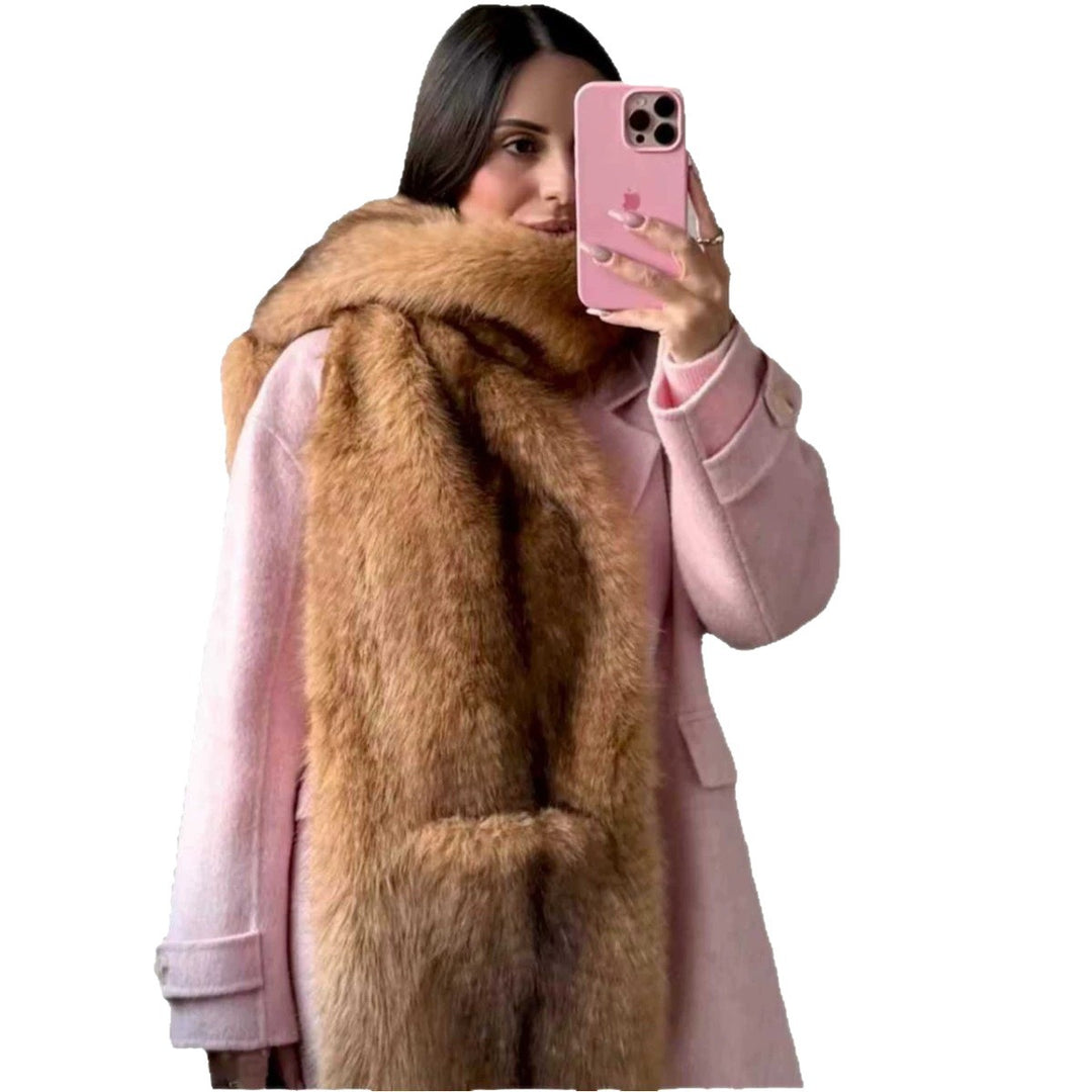 Ladies' Luxurious Long Faux Fur Stole with Voluminous Shawl Collar Mune Fashion