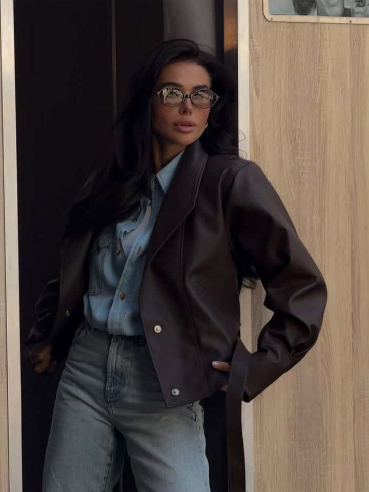 Women’s short blazer made of vegan leather with waist belt Mune Fashion