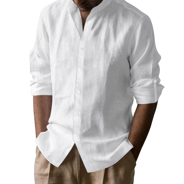 Men's casual linen shirt with Kent collar, continuous button placket, and roll-up sleeves Mune Fashion