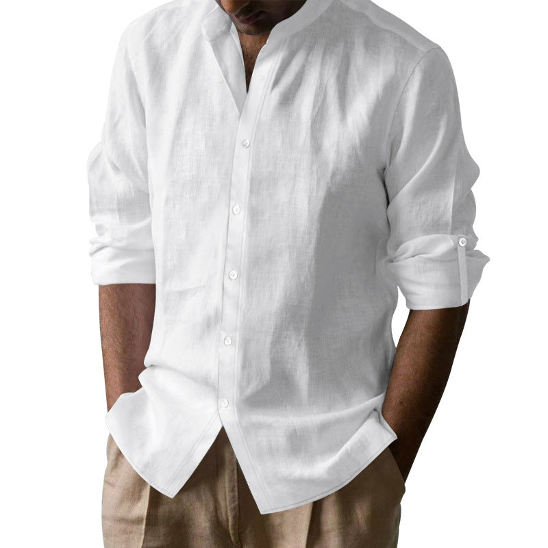 Men's casual linen shirt with Kent collar, continuous button placket, and roll-up sleeves Mune Fashion