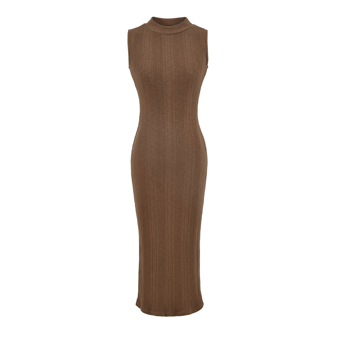 Women’s midi dress in rib knit, sleeveless slim-fit with stand-up collar Mune Fashion