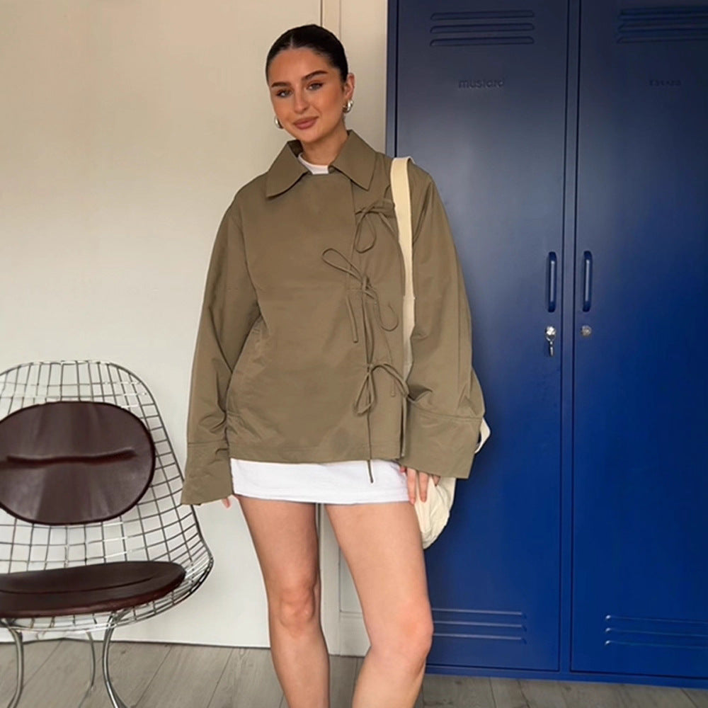 Women's Oversized Shirt Jacket with Decorative Knot Closures and Shirt Collar Mune Fashion