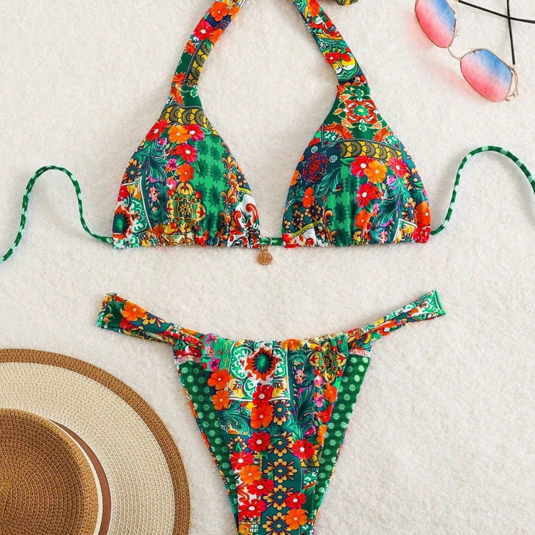 Women Triangle Bikini with Floral Patterns and Playful Ties Mune Fashion