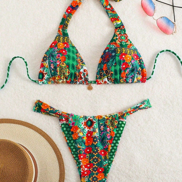 Women Triangle Bikini with Floral Patterns and Playful Ties Mune Fashion