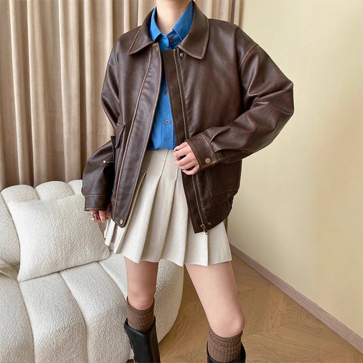 Women's Oversize Faux Leather Jacket with Shirt Collar and Zipper Mune Fashion