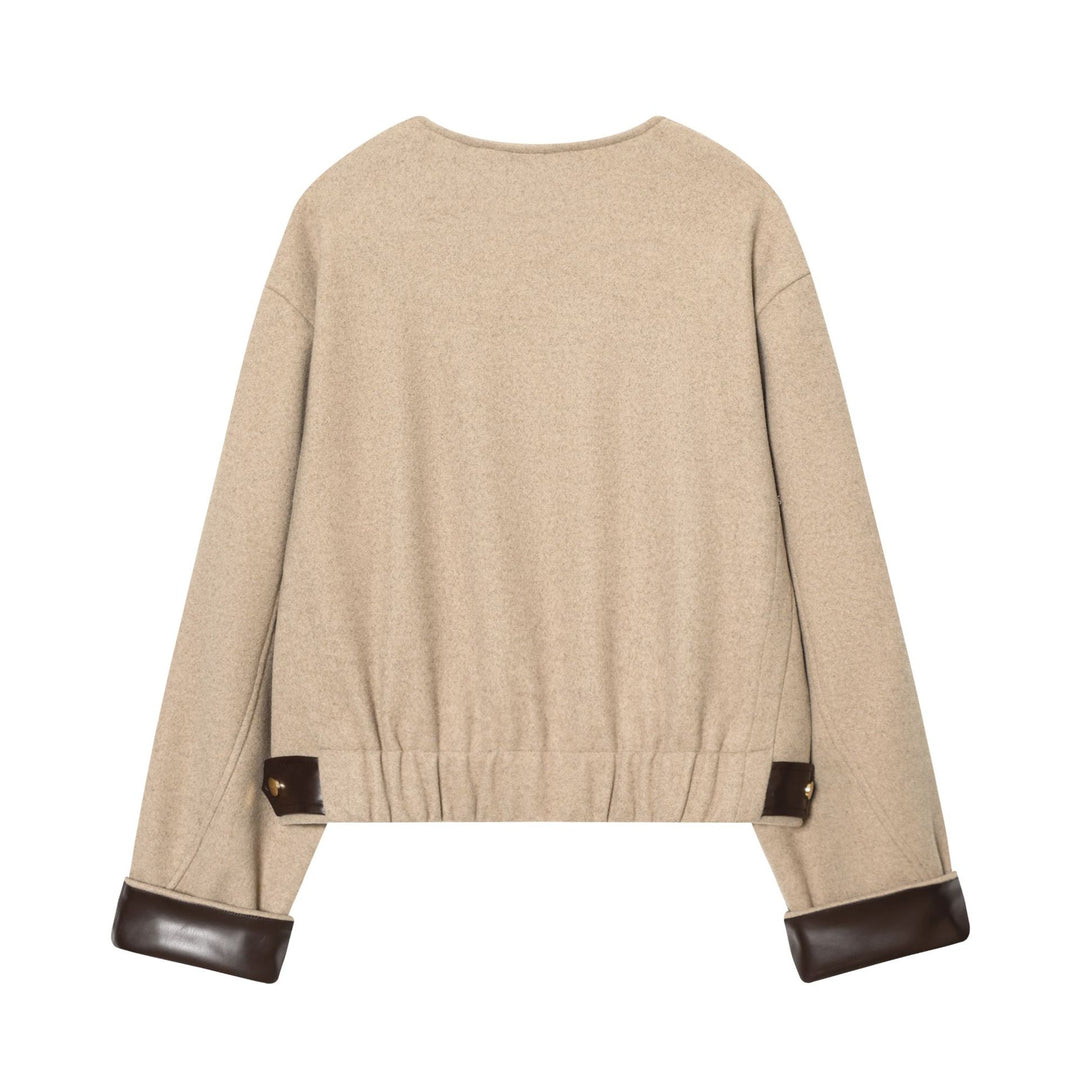 Women's short wool blend blouson with round neck, gold-colored zipper, and leather trim on cuffs Mune Fashion
