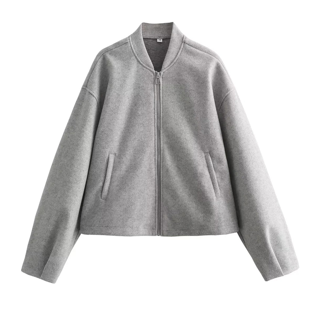 Women's cropped minimalist bomber jacket with concealed zipper and patch hand pockets Mune Fashion