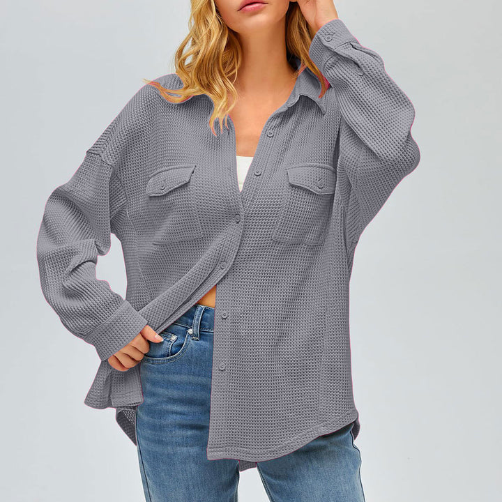 Women's oversized waffle knit shirt jacket with chest pockets and button placket Mune Fashion