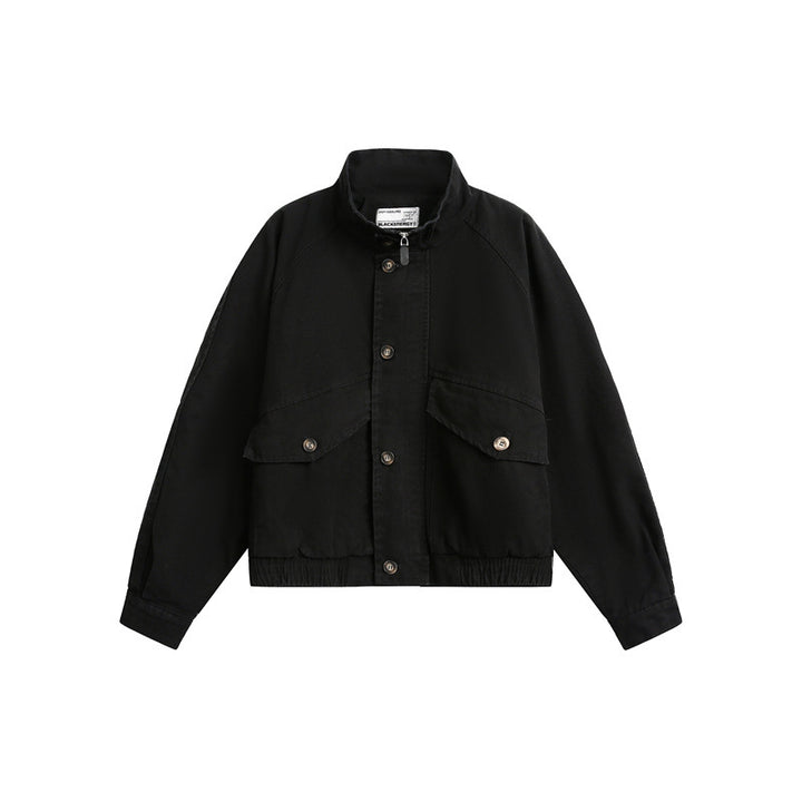Unisex Short Cut Boxy Canvas Blouson Jacket with Funnel Collar, Patch Flap Pockets and Elastic Hem Mune Fashion