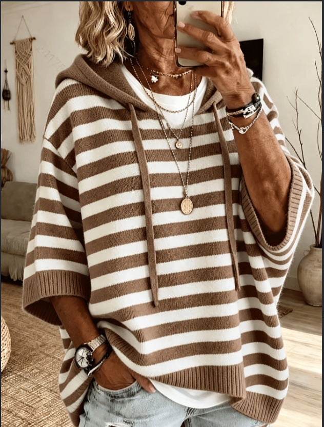 Women's oversized knit poncho with hood and short sleeves Mune Fashion