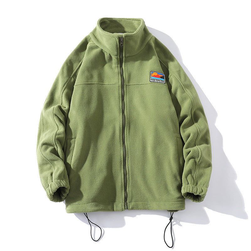 Men's fleece jacket with stand-up collar, full zip, elastic drawstring, and badge patch Mune Fashion
