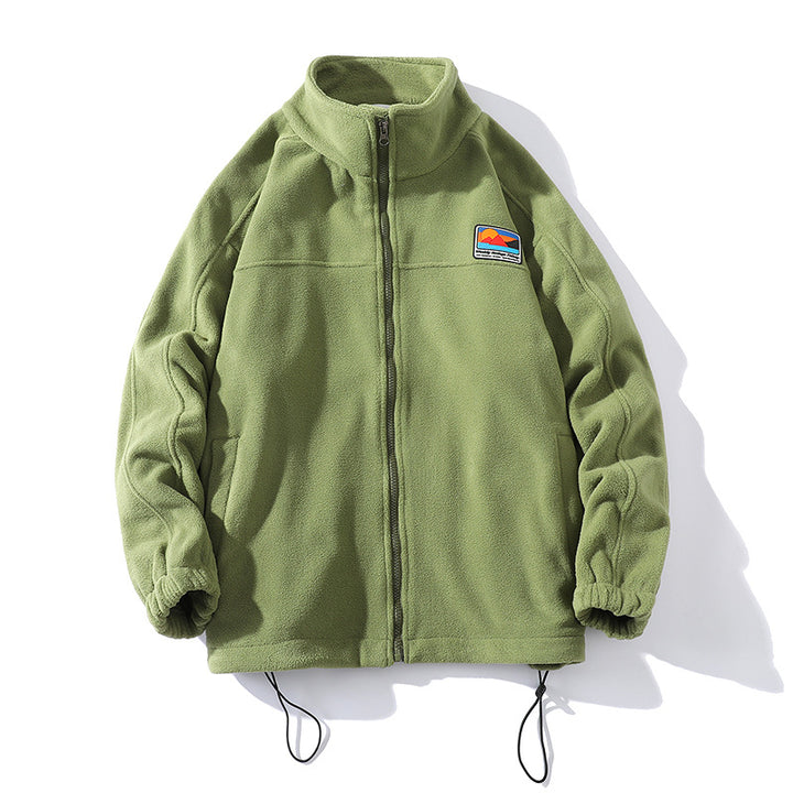 Men's fleece jacket with stand-up collar, full zip, elastic drawstring, and badge patch Mune Fashion