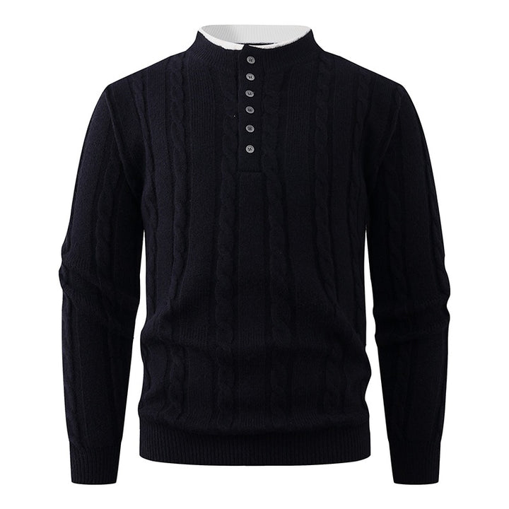 Men's Structured Cable Knit Sweater with Button Placket and Stand Collar Mune Fashion