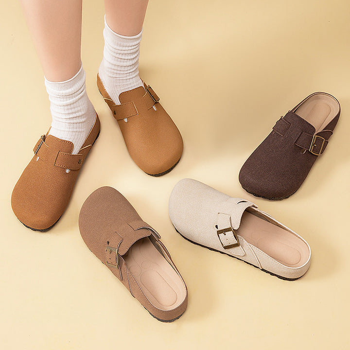 Women's comfortable nubuck slipper clog with adjustable brass buckle and ergonomic memory footbed Mune Fashion