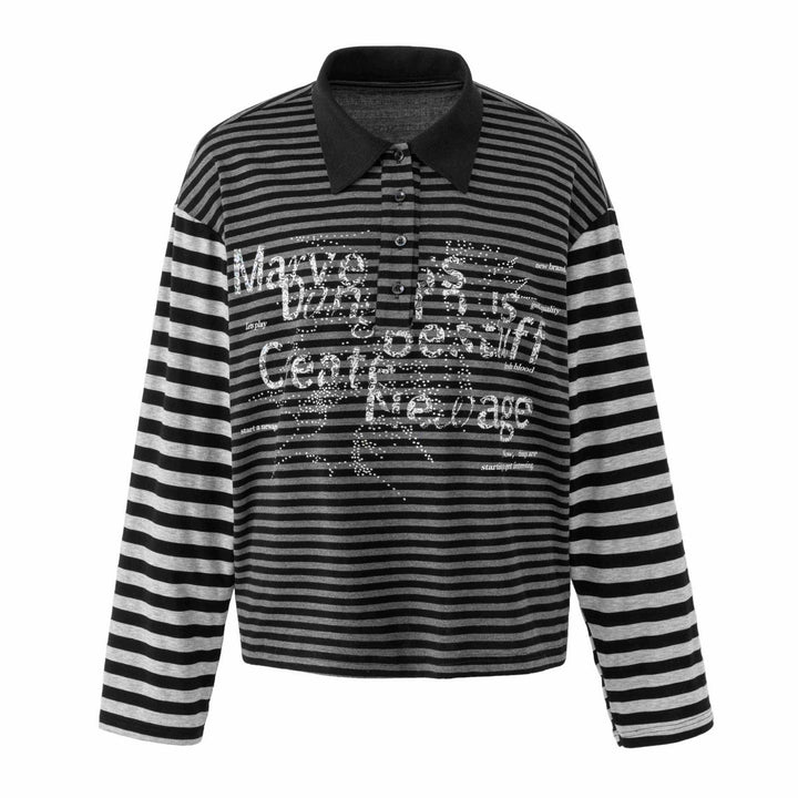 Women's Striped Long Sleeve Polo with Large Kent Collar, Print and Rhinestone Applications Mune Fashion